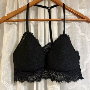 AERIE Eyelash Lace Plunge Padded Bralette Adjustable Straps Wireless Black Sz L
